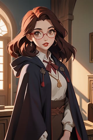 1girl, long brown hair, brown eyes, big round glasses, Griffindor House Cloak, inner cloak red, outer cloack black:1.4,looking at viewer, solo, upper body,(masterpiece:1.4),(best quality:1.4),red lips,parted lips,anime,hogwarts castle:1.4,indoor,sunlight,