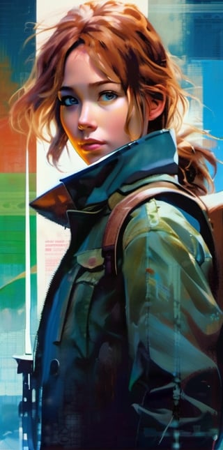 mdjrny-v4 style. Oil painting, heavy strokes, paint dripping. ((Jennifer Lawrence:1)), ((25 years old:1.4)).redhead, green eyes, ((brown leather jacket:1.4)),backpack on his back:1.4, ((armed with a knife:1.4)),((survivor, warrior, leader)), ((walking dead tv style:1.4)),Jeremy Mann, Carne Griffiths, Robert oxley. Rich deep colors. Cell Shaded layered image. Beautiful face, Perfect anatomy, perfect eyes, detailed eyes, golden ratio, award-winning, professional, highly detailed, centered, symmetry, painted, intricate, volumetric lighting, beautiful, masterpiece, sharp focus, depth of field, perfect composition, award-winning, high resolution 8K, trending in pixiv, artstation,  , acrylic painting, trending on pixiv fanbox, palette knife and brush strokes, style of makoto shinkai jamie wyeth james gilleard edward hopper greg rutkowski studio ghibli genshin impact,Flat Design