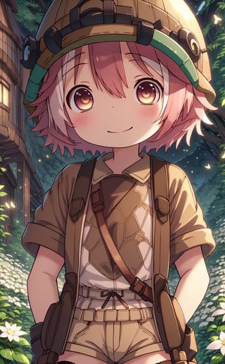 ultra-detailed, illustration, cinematic composition, abyss style, grass, white flower, moss,MadeintheAbyss, 1girl, (short pink hair:1.4), brown coat, short sleeves, brown overcoat, (brown shorts:1.4),(explorer helmet:1),(explorer boots:1.4),(yellow eyes:1.4), looking at viewer, solo, (upper body:1.4),(masterpiece:1.4),(best quality:1.4),red lips,parted lips,smile, walking in the deep forest,firefliesfireflies,portrait,illustration,best quality,(best quality,BrgEy