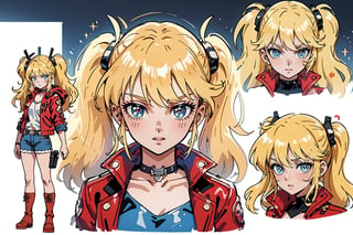 1 girl, blonde hair, two pigtails, blue eyes,red leather jacket, white t-shirt, jeans, black boots, solo, (medium_shot:1.4),(masterpiece:1.4(bestquality:1.4),(extremely_beautiful_detailed_anime_face_and_eyes:1.4),an extremely delicate and beautiful,Watercolor, Ink, epic,multiple views, full body, upper body, reference sheet:1,CharacterSheet, white background, different expresions,