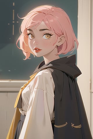 1girl, short pink hair,mole next to lip,eyebrow scar,hufflepuff House Cloak, inner cloak yellow, outer cloack black,yellow eyes, looking at viewer, solo, upper body,(masterpiece:1.4),(best quality:1.4),red lips,parted lips, hogwarts castle:1,dramatic shadows,extremely_beautiful_detailed_anime_face_and_eyes,an extremely delicate and beautiful,dynamic angle, cinematic camera, dynamic pose,depth of field,chromatic aberration,backlighting,