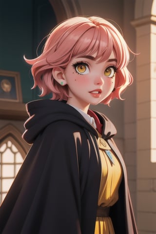 1girl, short pink hair,(mole next to lip:1),(eyebrow scar:1),(hufflepuff House Cloak),( inner cloak yellow:1), (outer cloack black:1),yellow eyes, looking at viewer, solo, upper body,(masterpiece:1.4),(best quality:1.4),red lips,parted lips, hogwarts castle:1,dramatic shadows,extremely_beautiful_detailed_anime_face_and_eyes,an extremely delicate and beautiful,dynamic angle, cinematic camera, dynamic pose,depth of field,chromatic aberration,backlighting,