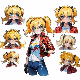 1 girl, blonde hair, two pigtails, blue eyes,red leather jacket, white t-shirt, jeans, black boots, solo, (medium_shot:1.4),(masterpiece:1.4(bestquality:1.4),(extremely_beautiful_detailed_anime_face_and_eyes:1.4),an extremely delicate and beautiful,Watercolor, Ink, epic,multiple views, full body, upper body, reference sheet:1,CharacterSheet, white background, different expresions,expression sheet