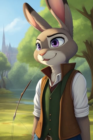 (masterpiece:1.4, best quality:1.4, ultra-detailed),brown rabbit,(brown vest with fringes:1.4), (archer:1.4),Disneystyler,Studio Ghibli,judyhopps