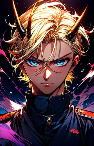 (metallic demon horns),(shiny skin),(masterpiece:1.4),(best quality:1.4),1 man, (short blond hair:1), blue eyes,(evil expression:1),handsome face, dressed in black military uniform, Japanese army military,(tokyo tower background at night:1),,clamp \(circle\)