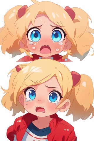 1 girl, blonde hair, (two long pigtails:1.4), chibi,blue eyes,red leather jacket, white t-shirt,(masterpiece:1.4(bestquality:1.4),(crying),(extremely_beautiful_detailed_anime_face_and_eyes:1.4), simple backgound ,white background,Chibi