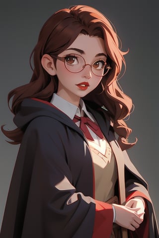 1girl, long brown hair, brown eyes, big round glasses, Griffindor House Cloak, inner cloak red, outer cloack black,looking at viewer, solo, upper body,(masterpiece:1.4),(best quality:1.4),red lips,parted lips,anime,hogwarts castle,