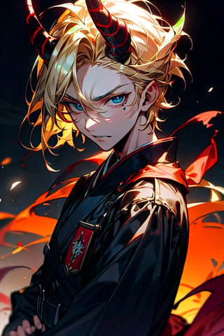 (metallic demon horns),(shiny skin),(masterpiece:1.4),(best quality:1.4),1 man, (short blond hair:1), blue eyes,(evil expression:1),handsome face, dressed in black military uniform:1,Japanese army military,(tokyo tower background at night:1),spell:1,