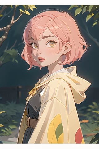 1girl, short pink hair,hufflepuff House Cloak, inner cloak yellow, outer cloack black,yellow eyes, looking at viewer, solo, upper body,(masterpiece:1.4),(best quality:1.4),red lips,parted lips, hogwarts castle:1,dramatic shadows,extremely_beautiful_detailed_anime_face_and_eyes,an extremely delicate and beautiful,dynamic angle, cinematic camera, dynamic pose,depth of field,chromatic aberration,backlighting,