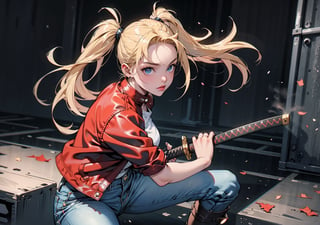 1 girl, blonde hair, two pigtails, blue eyes, white t-shirt, jeans, black boots,(red leather jacket:1),battoujutsu, solo, upper body,(masterpiece:1.4),(best quality:1.4),battoujutsu,perfect,girl