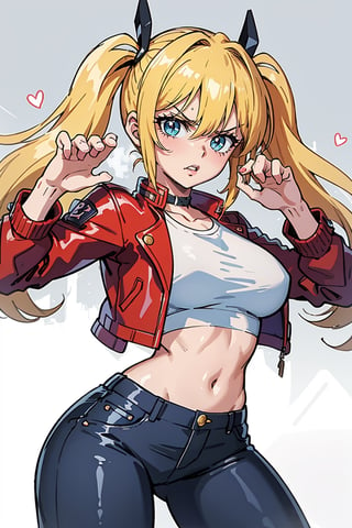 1 girl, blonde hair, two pigtails, blue eyes,red leather jacket, white t-shirt, jeans, black boots, solo, upper body,(masterpiece:1.4(bestquality:1.4),,extremely_beautiful_detailed_anime_face_and_eyes,an extremely delicate and beautiful,Watercolor, Ink, epic, angry, simple background, white_background, (pose visual novel:1.4),(character design:1.4)