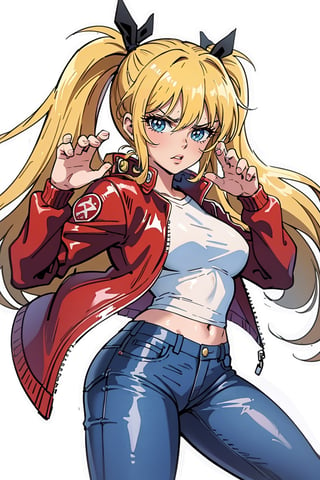 1 girl, blonde hair, two pigtails, blue eyes,red leather jacket, white t-shirt, jeans, black boots, solo, upper body,(masterpiece:1.4(bestquality:1.4),,extremely_beautiful_detailed_anime_face_and_eyes,an extremely delicate and beautiful,Watercolor, Ink, epic, angry, simple background, white_background, (pose visual novel:1.4),