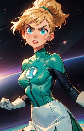 1girl, (short blondie hair:1),(high ponytail:1),blue eyes,uniform_green lantern_DCcomics:1,hal jordan, white bodysuit,((tight green skirt)), white gloves,slim waist, looking at viewer, solo, upper body,(masterpiece:1.4),(best quality:1.4),red lips,parted lips,dramatic shadows,extremely_beautiful_detailed_anime_face_and_eyes,an extremely delicate and beautiful,dynamic angle, cinematic camera, dynamic pose,depth of field,chromatic aberration,backlighting,Watercolor, Ink, epic, candystyle,angry,cute,vibrant,colorful,space,pop,