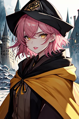 1girl, short pink hair,(mole next to lip:1),(eyebrow scar:1),(hufflepuff House Cloak),( inner cloak yellow:1), (outer cloack black:1),yellow eyes, looking at viewer, solo, upper body,(masterpiece:1.4),(best quality:1.4),red lips,parted lips, hogwarts castle:1,dramatic shadows,extremely_beautiful_detailed_anime_face_and_eyes,an extremely delicate and beautiful,dynamic angle, cinematic camera, dynamic pose,depth of field,chromatic aberration,backlighting,Watercolor, Ink,  epic, candystyle,