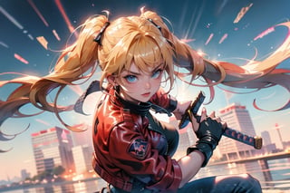 1 girl, blonde hair, two pigtails, blue eyes, white t-shirt, jeans, black boots,(red leather jacket:1),battoujutsu, solo, upper body,(masterpiece:1.4),(best quality:1.4),dramatic shadows,extremely_beautiful_detailed_anime_face_and_eyes,an extremely delicate and beautiful,dynamic angle, cinematic camera, dynamic pose,depth of field,chromatic aberration,backlighting,Watercolor, Ink, epic, angry,vibrant,colorful,nature,pop, simple background, blank_background,battoujutsu,perfect,girl