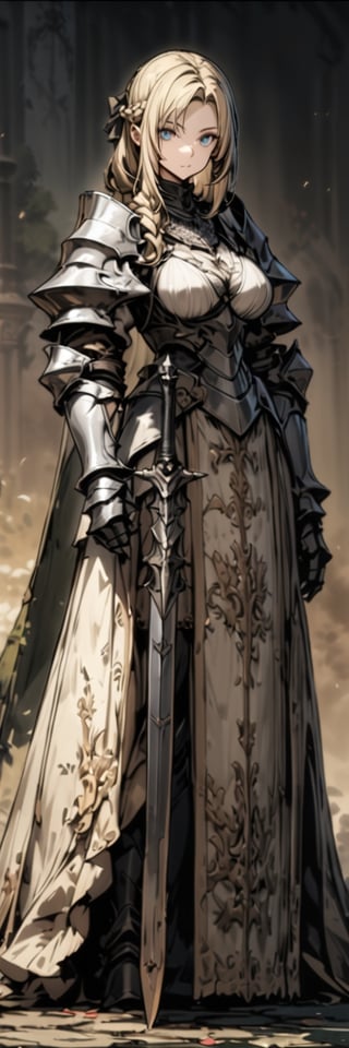 royal knight, 1girl, weapon, solo, gauntlets, sword, holding, holding weapon, long hair, holding sword, armor, looking at viewer, blonde hair, skirt, closed mouth, puffy sleeves, blue eyes, breasts, braid, huge weapon, standing, dress, royal garden, outdoors, 
masterpiece, best quality, aesthetic, (clear background:1.2), game art, concept art,more detail XL