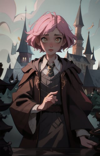 1girl, short pink hair,(hufflepuff House Cloak),( inner cloak yellow:1), (outer cloack black:1),yellow eyes, looking at viewer, solo, upper body,(masterpiece:1.4),(best quality:1.4),red lips,parted lips, exterior forest and mountains, castle,hogwarts castle:1,dramatic shadows,extremely_beautiful_detailed_anime_face_and_eyes,an extremely delicate and beautiful,dynamic angle, cinematic camera, dynamic pose,depth of field,chromatic aberration,anime