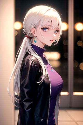 1girl, bangs, white hair, black jacket, blue eyes, blurry, blurry background, braid, breasts, earrings, from side, jacket, jewelry, long hair, looking at viewer, open clothes, open jacket, ponytail, purple eyes, solo, upper body,baiyi,[[realistic]],(shiny skin),(masterpiece:1.4),(best quality:1.4),red lips,parted lips