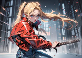 1 girl, blonde hair, two pigtails, blue eyes, white t-shirt, jeans, black boots,(red leather jacket:1),battoujutsu, solo, upper body,(masterpiece:1.4),(best quality:1.4),battoujutsu,perfect,girl
