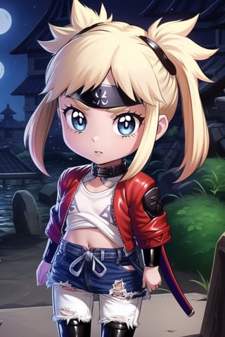 1 girl, blonde hair, two pigtails, blue eyes,red leather jacket, white t-shirt, jeans, black boots, solo, (medium_shot:1.4),(masterpiece:1.4(bestquality:1.4),extremely_beautiful_detailed_anime_face_and_eyes,an extremely delicate and beautiful,super_deformed,nas,ninja