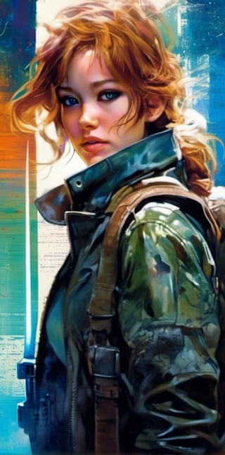 mdjrny-v4 style. Oil painting, heavy strokes, paint dripping. ((Jennifer Lawrence:1)), ((25 years old:1.4)).redhead, green eyes, ((brown leather jacket:1.4)),backpack on his back:1.4, ((armed with a knife:1.4)),((survivor, warrior, leader)), ((walking dead tv style:1.4)),Jeremy Mann, Carne Griffiths, Robert oxley. Rich deep colors. Cell Shaded layered image. Beautiful face, Perfect anatomy, perfect eyes, detailed eyes, golden ratio, award-winning, professional, highly detailed, centered, symmetry, painted, intricate, volumetric lighting, beautiful, masterpiece, sharp focus, depth of field, perfect composition, award-winning, high resolution 8K, trending in pixiv, artstation,  , acrylic painting, trending on pixiv fanbox, palette knife and brush strokes, style of makoto shinkai jamie wyeth james gilleard edward hopper greg rutkowski studio ghibli genshin impact