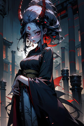 (masterpiece:1.4),(best quality:1.4),1 (Jorōgumo:1),(half woman half spider:1),yokai,(cyberpunk:1),(evil expression:1),(japanese sanctuary background at night:1.4),(japanese sanctuary:1.4),long fingernails,black dress,SPIDER LEGS,style