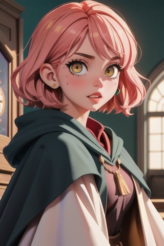 1girl, short pink hair,(mole next to lip:1),(eyebrow scar:1),(hufflepuff House Cloak),( inner cloak yellow:1), (outer cloack black:1),yellow eyes, looking at viewer, solo, upper body,(masterpiece:1.4),(best quality:1.4),red lips,parted lips, hogwarts castle:1,dramatic shadows,extremely_beautiful_detailed_anime_face_and_eyes,an extremely delicate and beautiful,dynamic angle, cinematic camera, dynamic pose,depth of field,chromatic aberration,backlighting,