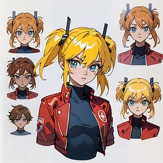 1 girl, blonde hair, two pigtails, blue eyes,red leather jacket, white t-shirt, jeans, black boots, solo, (medium_shot:1.4),(masterpiece:1.4(bestquality:1.4),(extremely_beautiful_detailed_anime_face_and_eyes:1.4),an extremely delicate and beautiful,Watercolor, Ink, epic,multiple views, full body, upper body, reference sheet:1,CharacterSheet, white background, different expresions,