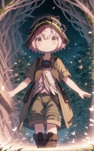 ultra-detailed, illustration, cinematic composition, abyss style, grass, white flower, moss,MadeintheAbyss, 1girl, (short pink hair:1.4), brown coat, short sleeves, brown overcoat, (brown shorts:1.4),(explorer helmet:1),(explorer boots:1.4),(yellow eyes:1.4), looking at viewer, solo, (upper body:1.4),(masterpiece:1.4),(best quality:1.4),red lips,parted lips,smile, walking in the deep forest,firefliesfireflies,portrait,illustration,best quality,BrgEy,night sky