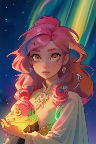 (masterpiece:1.4, best quality:1.4, ultra-detailed),(1 girl:1.4),large hair,( pinkhair:1.4), yellow eyes,wizard,beautiful detailed glow,(northern lights), aurora,dulce,Detailedface