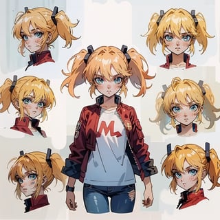 1 girl, blonde hair, two pigtails, blue eyes,red leather jacket, white t-shirt, jeans, black boots, solo, (medium_shot:1.4),(masterpiece:1.4(bestquality:1.4),(extremely_beautiful_detailed_anime_face_and_eyes:1.4),an extremely delicate and beautiful,Watercolor, Ink, epic,imple backgound character sheet, model sheet, turnaround, multiple views of the same character