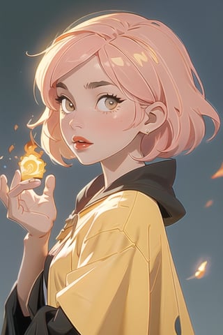 1girl, short pink hair,hufflepuff House Cloak, inner cloak yellow, outer cloack black,yellow eyes, looking at viewer, solo, upper body,(masterpiece:1.4),(best quality:1.4),red lips,parted lips, hogwarts castle,dramatic shadows,extremely_beautiful_detailed_anime_face_and_eyes,an extremely delicate and beautiful,dynamic angle, cinematic camera, dynamic pose,depth of field,chromatic aberration,backlighting,glow_yellow_particle,fire particles,