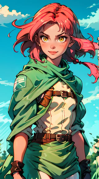 (1 girl), (short pink hair:1.2), (yellow eyes:1.2), black leather boots, black leather gloves, smiling,braids,make up, (green scouts cloak:1.2), (standing), (upper body in frame), simple background, forest, white cloudy sky, dawn, only1 image, perfect anatomy, perfect proportions, perfect perspective, 8k, HQ, ((AttackonTitan, survey military uniform)),style,aot style,background,Eda Clawthorne