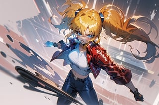 1 girl, blonde hair, two pigtails, blue eyes,red leather jacket, white t-shirt, jeans, black boots, solo, (medium_shot:1.4),(masterpiece:1.4(bestquality:1.4),(extremely_beautiful_detailed_anime_face_and_eyes:1.4),an extremely delicate and beautiful,Watercolor, Ink, epic, full body, upper body, reference sheet:1,CharacterSheet, white background, different expresions,girl