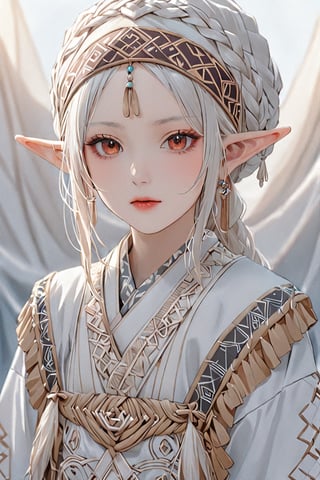  a beautiful Albino elf girl,elf ear, wearing traditional Ainu attire, adorned with intricate embroidery and patterns symbolizing Ainu culture,Clothing embroidered with traditional Ainu patterns,
 Her garments include a dress and apron,Completing her look is a unique headpiece that enhances her beauty,With pride in Ainu culture,Misery Stentrem,Nina Aslato