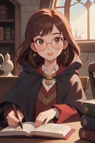 1girl, long brown hair, brown eyes, big round glasses, Griffindor House Cloak, inner cloak red, outer cloack black:1.4,looking at viewer, solo, upper body,(masterpiece:1.4),(best quality:1.4),red lips,parted lips,anime,hogwarts castle:1.4,indoor,sunlight,
