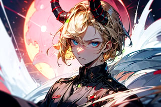 (metallic demon horns),(shiny skin),(masterpiece:1.4),(best quality:1.4),1 man, (short blond hair:1), blue eyes,(evil expression:1),handsome face, dressed in black military uniform, Japanese army military,(tokyo tower background at night:1),black hole spell:1,