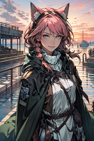 1 girl,pink hair:1.2, yellow eyes:1.2, (pink cat ears:1.2), black leather boots, black leather gloves, smiling,braids,make up, (green scouts cloak:1.2), (standing), (upper body in frame), simple background, endless ocean, pink cloudy sky, dawn, 1910s harbor, only1 image, perfect anatomy, perfect proportions, perfect perspective, 8k, HQ, 