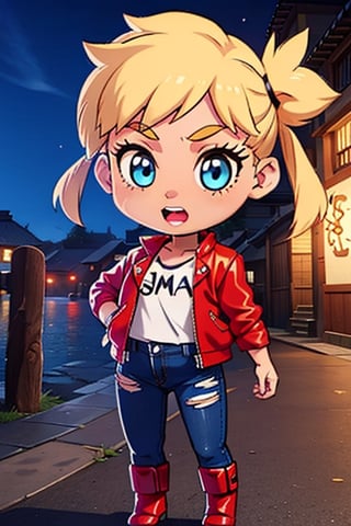 1 girl, blonde hair, two pigtails, blue eyes,red leather jacket, white t-shirt, jeans, black boots, solo, (medium_shot:1.4),(masterpiece:1.4(bestquality:1.4),extremely_beautiful_detailed_anime_face_and_eyes,an extremely delicate and beautiful,super_deformed,nas,ninja,3D
