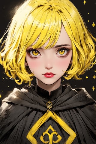 1girl, short pink hair,hufflepuff House Cloak, inner cloak yellow, outer cloack black,yellow eyes, looking at viewer, solo, upper body,(masterpiece:1.4),(best quality:1.4),red lips,parted lips,anime