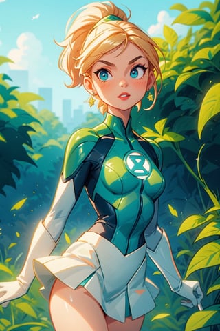 1girl, (short blondie hair:1),(high ponytail:1),blue eyes,uniform_green lantern_DCcomics:1,hal jordan, white bodysuit,((tight green skirt)), white gloves,slim waist, looking at viewer, solo, upper body,(masterpiece:1.4),(best quality:1.4),red lips,parted lips,dramatic shadows,extremely_beautiful_detailed_anime_face_and_eyes,an extremely delicate and beautiful,dynamic angle, cinematic camera, dynamic pose,depth of field,chromatic aberration,backlighting,Watercolor, Ink, epic, candystyle,chibi style,cute,happy,vibrant,colorful,nature,pop,