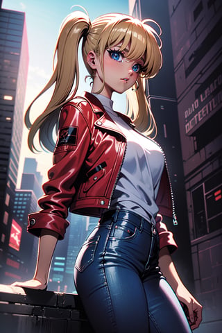 ((1 female))l, full body, blonde hair, two pigtails, blue eyes, white t-shirt, jeans, black boots,(red leather jacket:1),beautiful girl with attention to detail, beautiful delicate eyes, detailed face, beautiful eyes,Beautiful Pose, Natural Light, ((Real) ) Quality: 1.2 )), Cinematic Lighting, Perfect Composition, Super Detail, Official Art, Masterpiece, (Best Quality: 1.3), Reflection, High Resolution CG Unity 8K Wallpaper, Detailed Background, Masterpiece, (Photorealistic): 1.2), Random Angle, Side Angle, ,anime,Retro,ink
