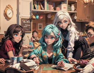 (masterpiece:1.4),(best quality:1.4),extremely_beautiful_detailed_anime_face_and_eyes,an extremely delicate and beautiful,3 girls and two boys playing role-playing at a table in a room, happy_face,