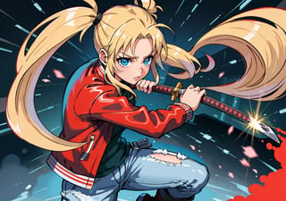 1 girl, blonde hair, two pigtails, blue eyes, white t-shirt, jeans, black boots,(red leather jacket:1),battoujutsu, solo, upper body,(masterpiece:1.4),(best quality:1.4),battoujutsu,perfect,girl