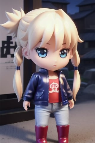 1 girl, blonde hair, two pigtails, blue eyes,red leather jacket, white t-shirt, jeans, black boots, solo, (medium_shot:1.4),(masterpiece:1.4(bestquality:1.4),extremely_beautiful_detailed_anime_face_and_eyes,an extremely delicate and beautiful,super_deformed,nas,ninja,3D