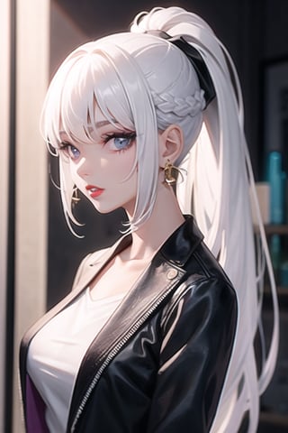 1girl, bangs, white hair, black jacket, blue eyes, blurry, blurry background, braid, breasts, earrings, from side, jacket, jewelry, long hair, looking at viewer, open clothes, open jacket, ponytail, purple eyes, solo, upper body,baiyi,[[realistic]],(shiny skin),(masterpiece:1.4),(best quality:1.4),red lips,parted lips