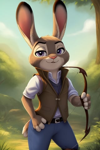 (masterpiece:1.4, best quality:1.4, ultra-detailed),brown rabbit,(brown vest with fringes:1.4), (archer:1.4),Disneystyler,Studio Ghibli,judyhopps