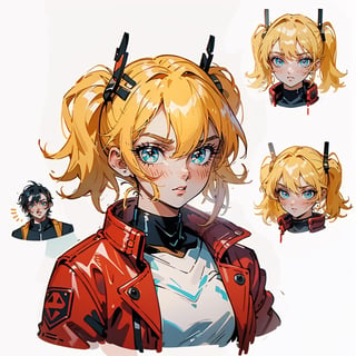 1 girl, blonde hair, two pigtails, blue eyes,red leather jacket, white t-shirt, jeans, black boots, solo, (medium_shot:1.4),(masterpiece:1.4(bestquality:1.4),(extremely_beautiful_detailed_anime_face_and_eyes:1.4),an extremely delicate and beautiful,Watercolor, Ink, epic,multiple views, full body, upper body, reference sheet:1,CharacterSheet, white background, different expresions,