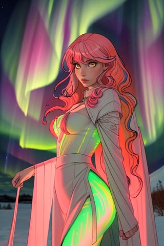 (masterpiece:1.4, best quality:1.4, ultra-detailed),(1 girl:1.4),large hair,( pinkhair:1.4), yellow eyes,wizard,beautiful detailed glow,(northern lights), aurora,dulce,