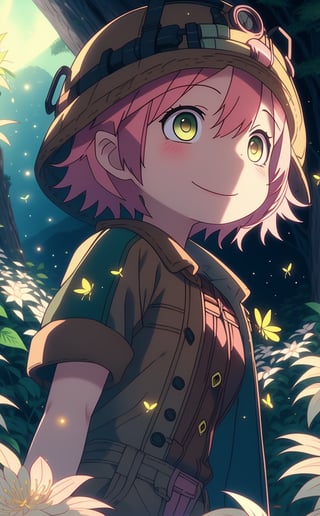 ultra-detailed, illustration, cinematic composition, abyss style, grass, white flower, moss,MadeintheAbyss, 1girl, (short pink hair:1.4), brown coat, short sleeves, brown overcoat, (brown shorts:1.4),(explorer helmet:1),(explorer boots:1.4),(yellow eyes:1.4), looking at viewer, solo, (upper body:1.4),(masterpiece:1.4),(best quality:1.4),red lips,parted lips,smile, walking in the deep forest,firefliesfireflies,portrait,illustration,best quality,(best quality